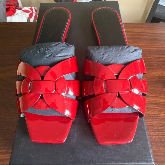 Saint Laurent Shoes - Saint Laurent Tribute Patent Leather Slide Sandals Red Size 37.5